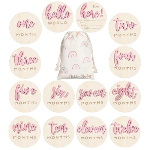 3D Baby Milestone Wooden Circles Hello World Newborn Sign 7 Pack Double Sided Monthly Milestone Cards Sign Baby Announcement Sign for Newborn Shower Photo Props(Pink)