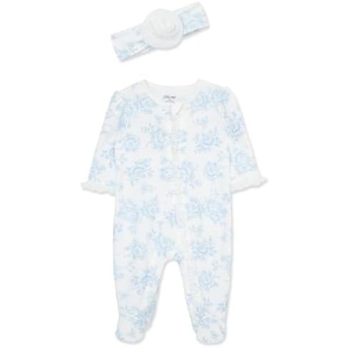 Little Me Baby Girls 100% Cotton Footie and Headband Set, Preemie - 9 Month