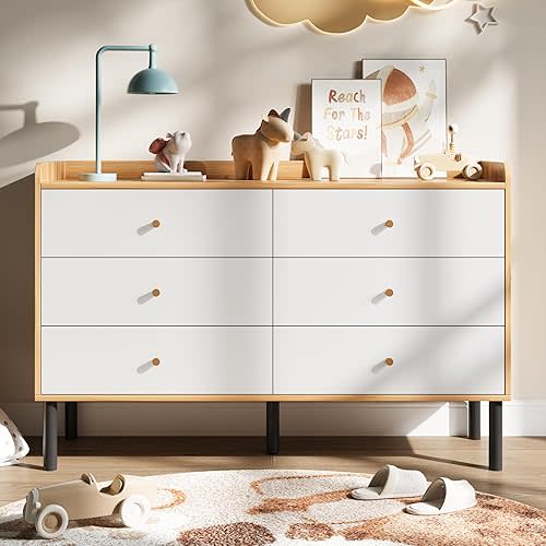 Cómoda infantil para dormitorio, cómoda de bebé de 6 cajones con asas doradas, cómoda de madera moderna para pasillo, entrada, guardería, color blanco