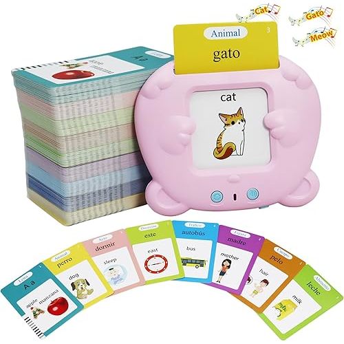 Spanish & English 510 Words Alphabet Bilingual Talking Flash Cards for 3-8 Years Toddlers, Pocket Speech Buddy Therapy Autism Toys, Educational Learning Interactive Toy for Boys Girls Kids Gifts Pink