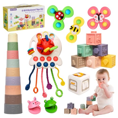 MTTIERY 6 in 1 Baby Toys 0-6 Months, Montessori Toys for 6-12 Months, Infant Sensory Pull String Toy, Fidget Spinners Soft Buliding Blocks & Stacking Cups for Toddlers 1-3, Baby Gifts for Boys Girls
