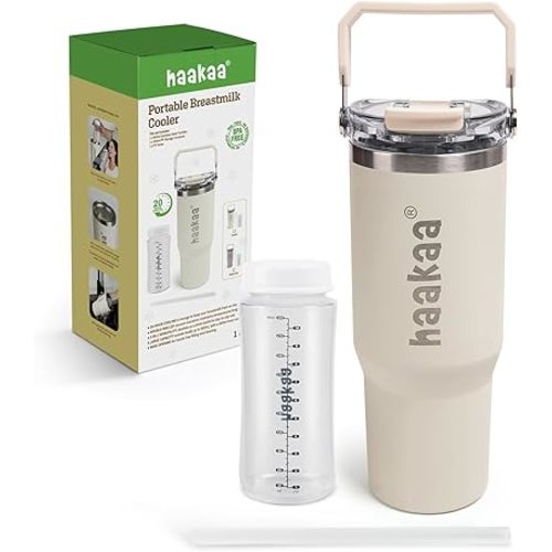 haakaa Portable Breast Milk Cooler 30oz./900ml, Cream - Include 1pc Breast Milk Storage Bottle in 10oz./300ml Provide Up to 20 Hours of On-the-go Cooling & 1pc Leakproof Cap Abled to Straw & Sip
