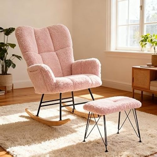 KEEZY Nursery Rocking Chair with Footrest Upholstered Glider Rocker Rocking Accent Chair Padded Seat with High Backrest Armchair Comfy Side Chair for Living Room Bedroom (Pink)