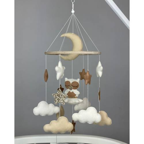 Neutral baby mobile with owl Cloud nursery mobile Crib mobile baby star moon Felt hanging mobile New mom gift Baby shower gift