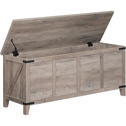 HOOBRO Farmhouse Toy Box, 47.2" Storage Bench with Geometric Style Front, Storage Chest, Toy Chest with Metal Accents and Lift Top, Sturdy Base, for Living Room, Greige BG124CW01