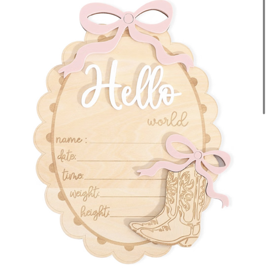 Amazon.com: Wooden Baby Birth Announcement Sign - Hello World Newborn Photo Prop, Personalized Name & Date Plaque, Shower Decor, Nursery Keepsake for Newborn Photography (Cowgirl&Bow)