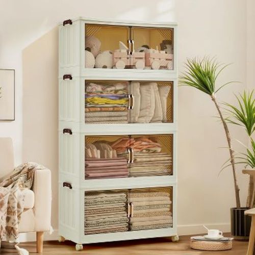 Stackable Storage Bins,Plastic Bins for Storage with Lids,Plastic Storage Drawers with Magnetic Doors & Wheels,Foldable Collapsible Closet Organizers