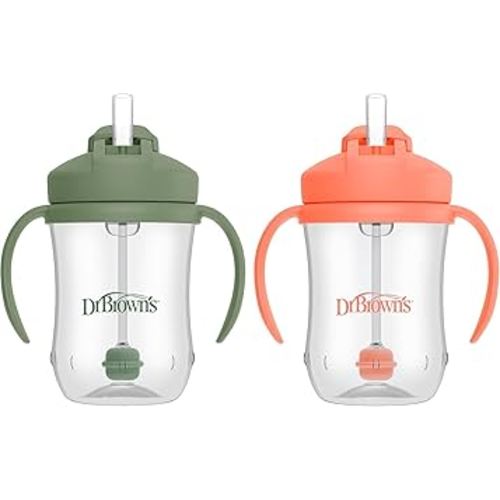 Dr. Brown's Milestones Baby's First Straw Cup, Training Cup with Weighted Straw, 9 oz/270 mL, BPA-free, 6m+, Coral/Olive Green, 2-Pack
