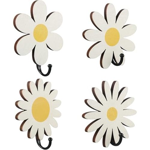 Thyle 4 Pcs Daisy Wall Hooks Kids Wooden Wall Adhesive Hooks Cute Baby Nursery Hangers for Boys Girls Bathroom Bedroom Home Decor Robe Towel Clothes Hats