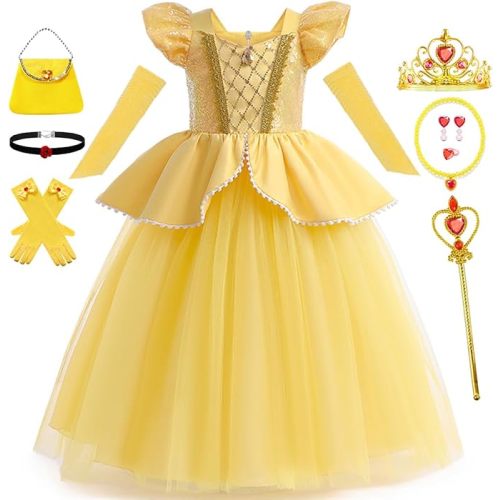 Belle Costume for Girls Yellow Princess Dress up Halloween Birthday Party Cosplay Outfits with Accessories