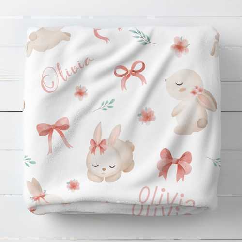 Cute Coquette Bow Bunny Baby Blanket Personalized, Pink Girl Swaddle with Name, 1st Easter Party Gift,Toddler Girl Birthday Baby Shower Gift