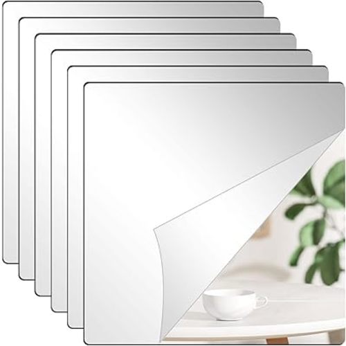 DARENYI 6Pcs Acrylic Mirror Tiles, 8'' x 8'' x 0.07'' Mirror Sheets for Walls Decor, Self-Adhesive Mirror Stickers, Square Mirror Trays Plates for Tables Centerpieces Wedding