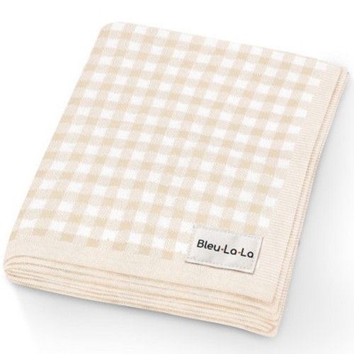 100% Luxury Cotton Knit Swaddle Receiving Crib Stroller Baby Blanket for Newborns and Infant Boys and Girls, Color: Beige