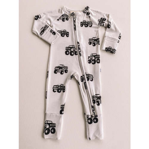 cream monster truck bamboo romper