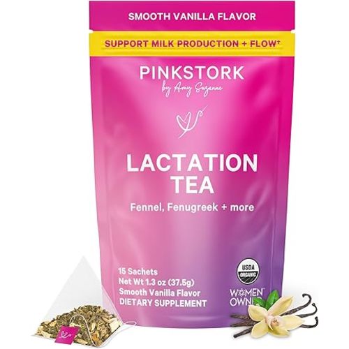 Pink Stork Organic Lactation Tea – Fenugreek, Fennel, Milk Thistle + More – Support for Breastfeeding, Pumping, Hydration, Milk Flow – Smooth Vanilla – 15 Sachets, Caffeine-Free
