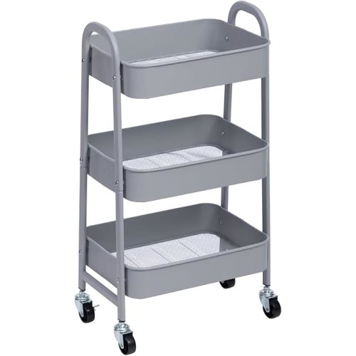 AGTEK Makeup Cart, Movable Rolling Organizer Cart, 3 Tier Metal Utility Cart, Grey