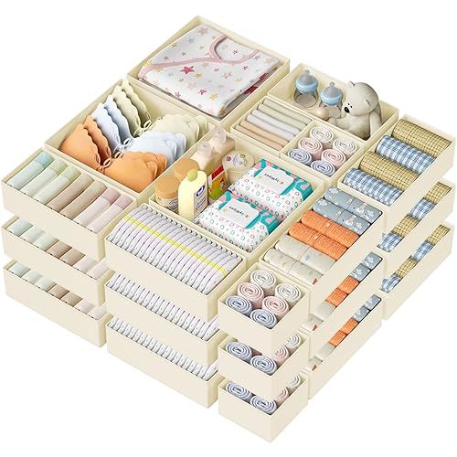 DIMJ Drawer Organizer Clothes 20 Pack - Foldable Baby Organizers and Storage & Dresser Organizer for Bedroom, Closet - Nursery Organization Dresser Dividers for underwear, Sock,Bra, Belt, Tie, Beige