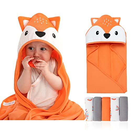 SYNPOS Baby Bath Towels For Newborn with 5 Baby Washcloths - Ultra Absorbent and Soft Cotton Hooded Bath Towel for Babie, Toddler, Infant - Unisex Hooded Baby Bath Towel