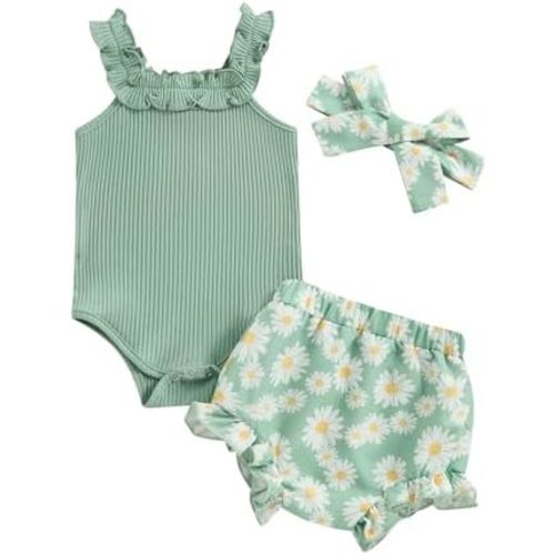 fhutpw Baby Girl Clothes Summer Cute Outfits 3 6 12 18 Months Spaghetti Strap Romper & Floarl Shorts Sets