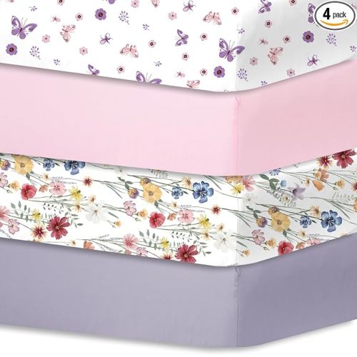 Bimocosy Crib Sheets 4 Pack, Baby Crib Sheets Fitted for Boys and Girls Breathable & Snug Fit, Soft Toddler Bed Sheets for Standard Crib Mattress Nursery Daycare Essentials, Butterfly Meadow