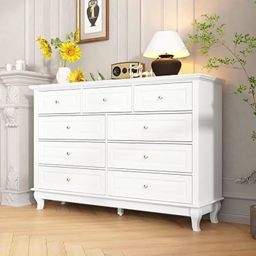 Chest of Drawers 9 Drawer Dresser for Bedroom, Modern White Dresser with Silver Knobs, Wide 9 Drawer Chest with Wood Legs for Bedroom Living Room, 15.7”D x 55.1”W x 37”H