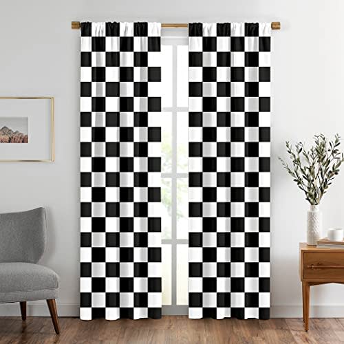 Black and White Window Drapes Curtain Checkered Flag Racing Race Car Line Rod Pocket Drapes Curtain for Living Room Home Decor 26x84 Inches 2 Panels