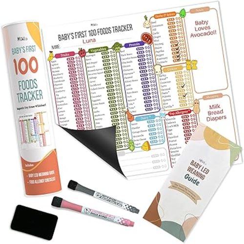 Baby First Foods Tracker & Baby Led Weaning Book Mini Guide by Mewl - 100 Foods Before 1 Checklist Reusable Dry Erase Board - Baby Feeding Essentials: Puree & BLW Supplies for Baby Magnet Board