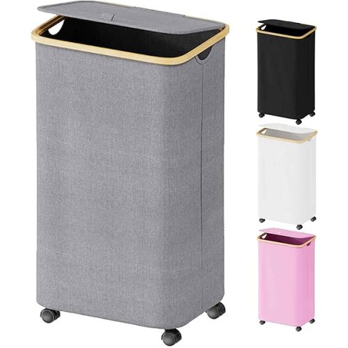 SUOCO Laundry Hamper on Wheels 100L, Clothes Basket with Lid and Bamboo Handles, Foldable Laundry Hamper for Bedroom, Bathroom, Dorm, Laundry Room - Grey