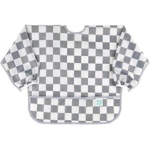Bumkins Sleeved Bib for Girl or Boy, Baby and Toddler for 6-24 Mos, Essential Must Have for Eating, Feeding, Baby-Led Weaning Supplies, Long Sleeve Mess Saving Food Catcher, Fabric, Charcoal Check