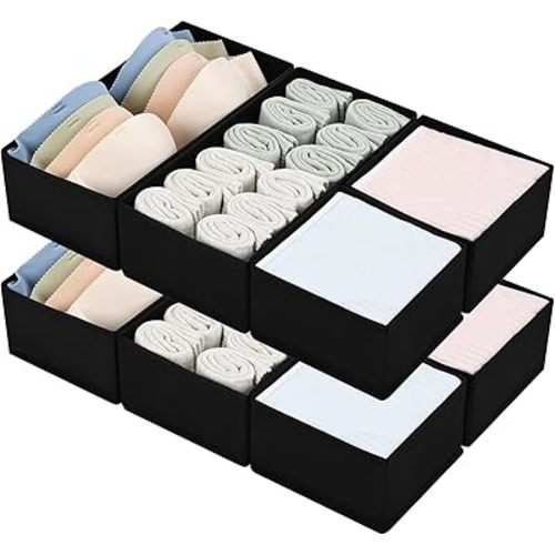 DIMJ Drawer Organizers - Set of 8 Foldable Closet Dividers for Baby Clothes, Socks, Belt, Tie (Black)