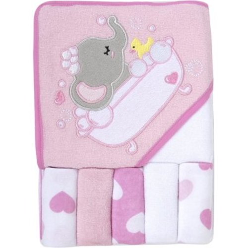 Baby Essentials 6 Piece Embroidered Hooded Cotton Bath Towel and Washcloth Set for Infants, Newborns and Toddlers 6 – 12 Months for Bath Time, Showers, Lounge, Beach and Pool in Effervescent Elephant