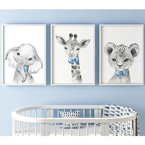 Safari Animals Baby Boys Nursery Set of 3 Unframed Wall Art Prints, Gray Baby Animal Posters with Blue Bow Tie, Elephant Giraffe Lion, Child Bedroom Nursery Decor Posters (8x10)