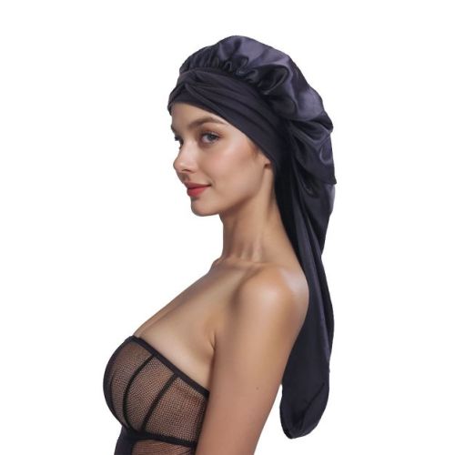 Anna-Kaci Satin Long Bonnet Sleep Cap with Stretch Turban Band for Hair Protection and Moisture Retention - Rose Red