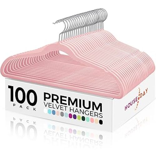 HOUSE DAY Premium Velvet Hangers 100 Pack Light Pink, Non-Slip Flocked Felt Hangers, Sturdy Clothes Hanger with 360° Rotatable Hook, Heavy Duty Durable Slim Coat Hanger for Closet Space Saving