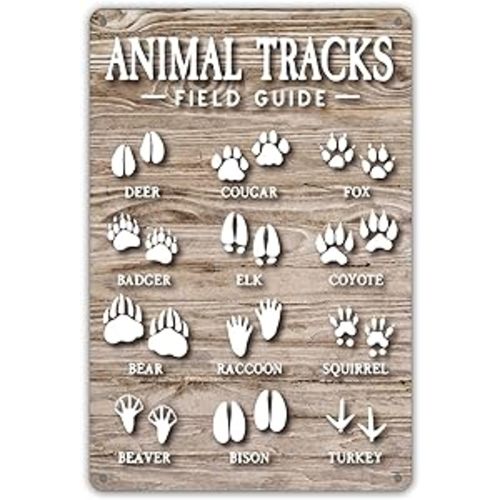 Funny Animal Tracks Field Guide Metal Tin Sign Wall Decor Rustic Woodland Theme Nursery Sign for Home Office Nursery Bedroom Decor Gifts