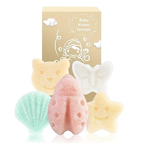 MoHern Konjac Baby Sponge for Bathing, 5Pcs Natural Cute Shapes, Kids Bath sponges for Infants, Toddler Bath time, Plant-Based, Extra Soft