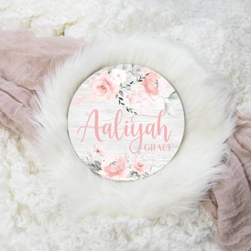 Blush Rose Floral Round Wood Name Sign, Pink Rose Baby Sign, Round Wood Baby Name Sign, Birth Announcement Sign, Blush Nursery Decor F69