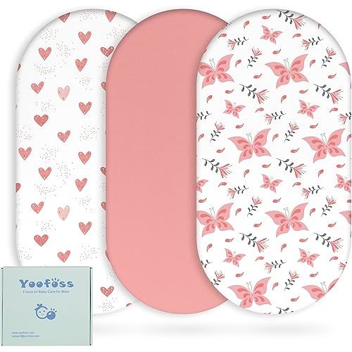 Yoofoss Bassinet Sheets for Baby,3-Pack Fitted Bassinet Sheets Set Compatible with Halo Bassinest Swivel Sleeper,Baby Delight,Angelbliss,Soft Breathable Bassinet Mattress Sheets(Pink+Butterflies)