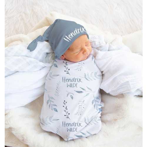 Baby Boy Swaddle Set with Name- Blanket Beanie Hat - Personalized Baby Boy Blanket -Newborn Photo -Leaves Blanket- Baby Shower Gift s201