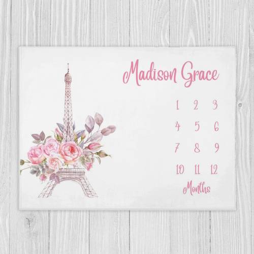 Paris Milestone Blanket, Pink Floral Girl Milestone Blanket, Baby Month Blanket, Baby Shower Gift, Personalized Baby Blanket, Eiffel Tower
