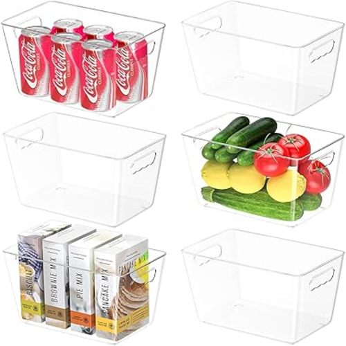 BALEINE Clear Plastic Storage Bins, Pantry Storage and Organization, BPA Free Stackable Refrigerator Organizers and Storage with Handles for Kitchen Fridge Cabinet Bathroom (6PK, 10.5x6x5)