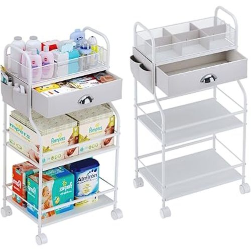 Baby Diaper Caddy Cart Organizer -3 Tier, Bedside Nursery Essentials Cart & Storage Holder for Newborn Baby Stuff, 2+1 Dividers, 1 Drawer,Rolling Utility Cart for Bedroom,Changing Table, Crib