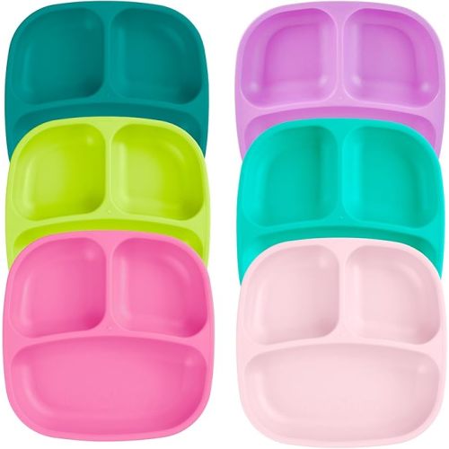 Re-Play Toddler Plates with Dividers - Deep-Walled 3 Compartments Divided Plates for Kids - Dishwasher & Microwave Safe - Made in USA - Set of 6-7.37" x 7.37" x 1.25" - Sorbet
