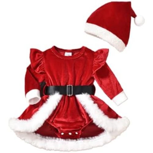 Infant Baby Girl Christmas Outfit Santa Romper Dress Long Sleeve Fur Trim Velvet Xmas Princess Dresses