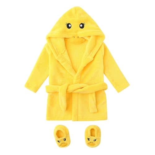 Baby Plush Bathrobe Footwear Cute Cartoon Duck Animal Robe Unisex Boys Girls Flannel Hooded Fleece Bathrobe
