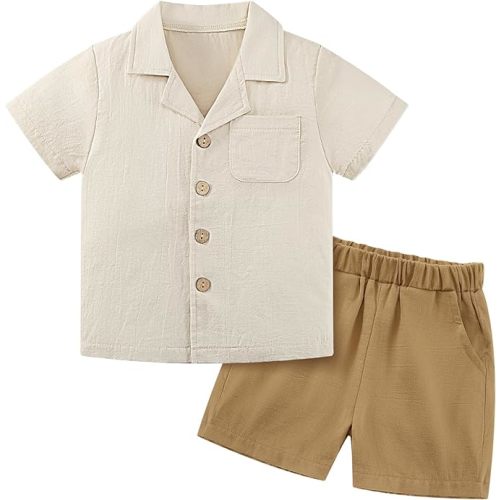 Weixinbuy Baby Boy Clothes Set Toddler Summer Outfit Cotton Linen Short Sleeve T-shirt Top Pocket Button-Down Shirt Short Set - 12 -18 Months - Beige