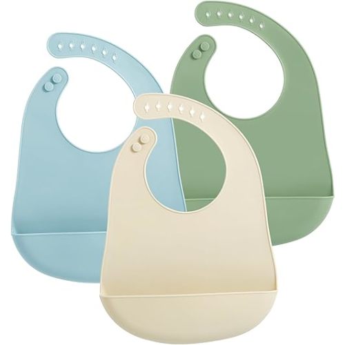 PandaEar 3 Pack Silicone Baby Bibs, Super Thin Light Weight Waterproof for Babies & Toddlers, Adjustable Soft Silicone Feeding Bibs with Food Catcher Pocket (Blue/Green/Flesh)