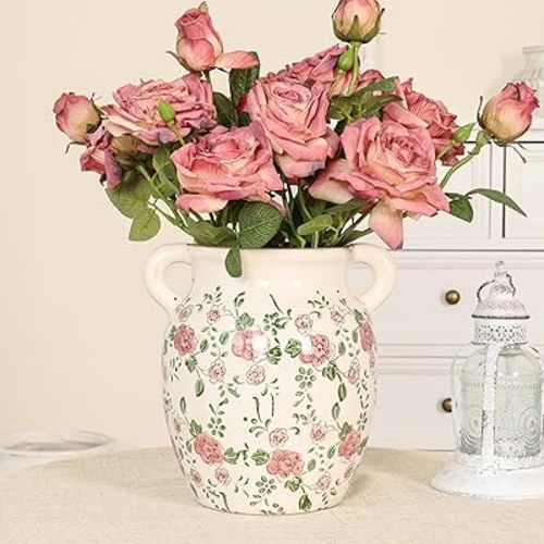 Floral Farmhouse Vases Ceramic Vase Rustic Pitcher Vases Decorative Vintage Vase for Home Decor, Living Room, Kitchen (Pink, 7.68 * 7.68")