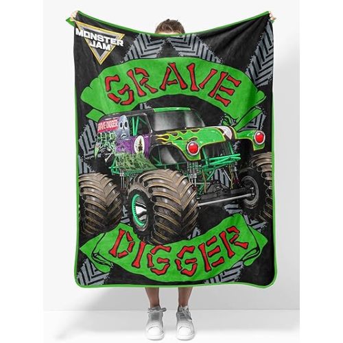 Sunny Side Up Monster Jam Plush Travel Throw Blanket - Measures 40 x 50 Inches - Super Soft & Cozy Travel Accessories Features Grave Digger