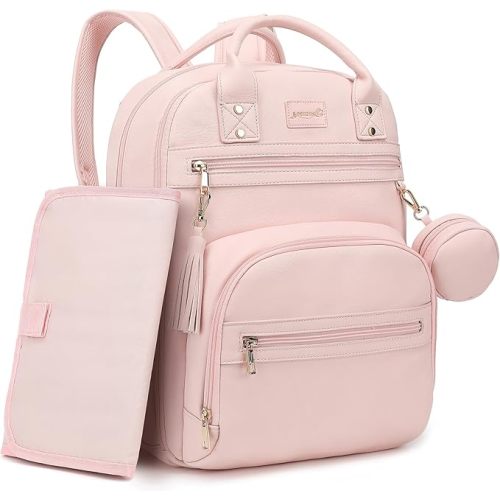 Premium Vegan Leather Diaper Bag Backpack with Waterproof Changing Pad, Reinforced Zippers & Odor-Free, 20 Pockets Pro Organizer, Fits 15.6" Laptop, Stroller Straps, Baby Bag for Mom, Pink
